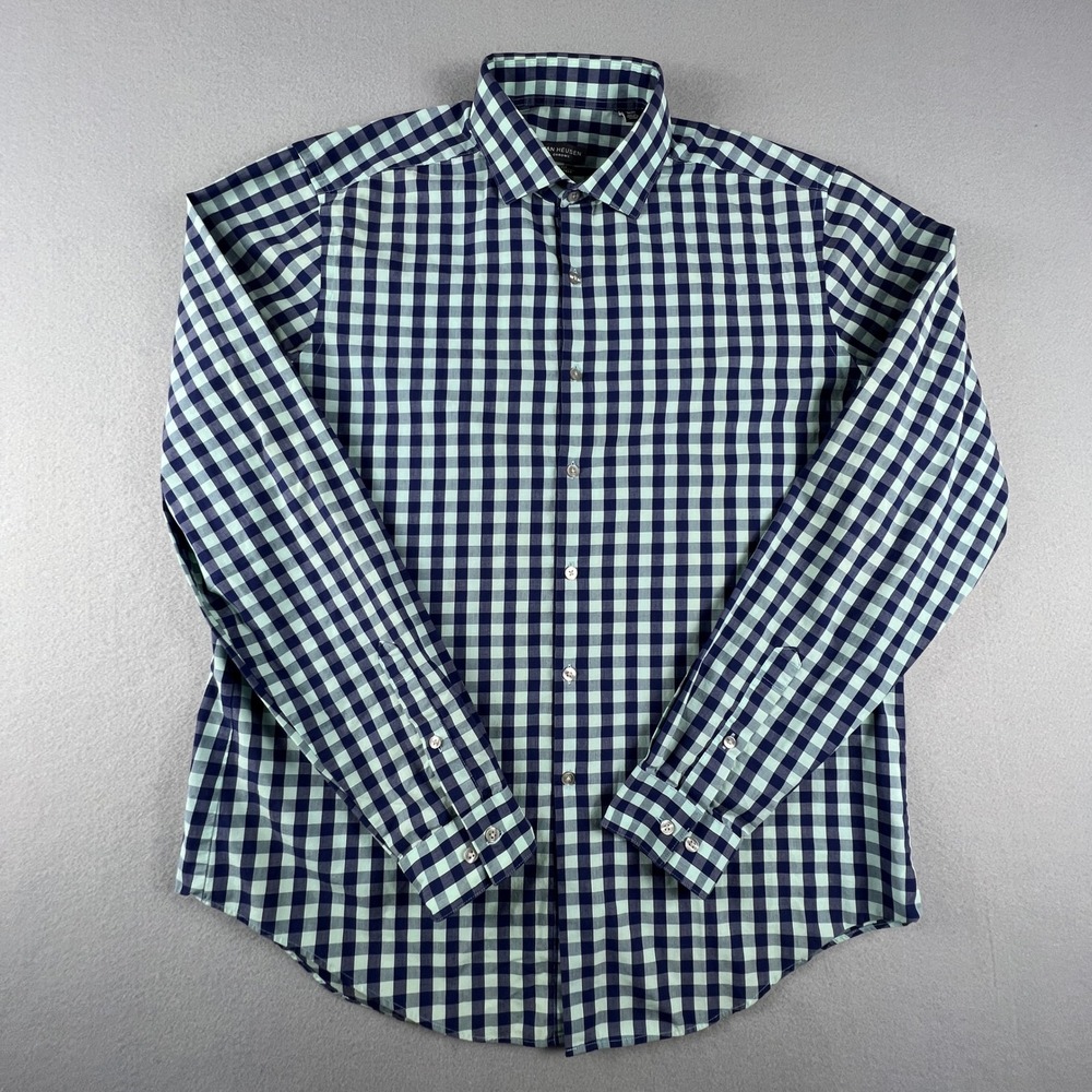 Van Heusen Button Down Shirt Men 16-16.5 Gingham‎ Slim Fit Wrinkle Free Office